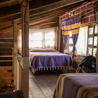 Close-up of a wooden floor with soft sunlight creating patterns.